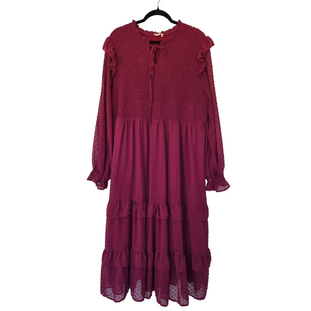 Hailey & Co Magenta Swiss Dot Smocked Tiered Midi Dress 2X Hoco Prom Wedding